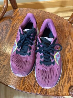 Saucony Women's Purple Athletic Running Shoes with Black Laces and Yellow Accent